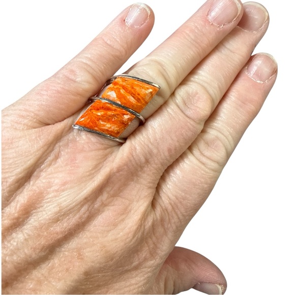 DR Modernist .925 Sterling Silver Orange Calcite Bypass Statement Ring - Picture 6 of 6